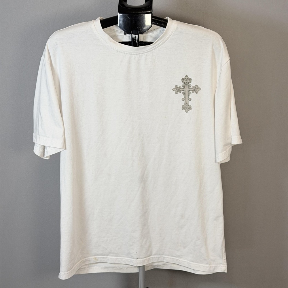 ROMWE Shirt Mens Large White Cross Angel Wings Christian Graphic Tee Back Print